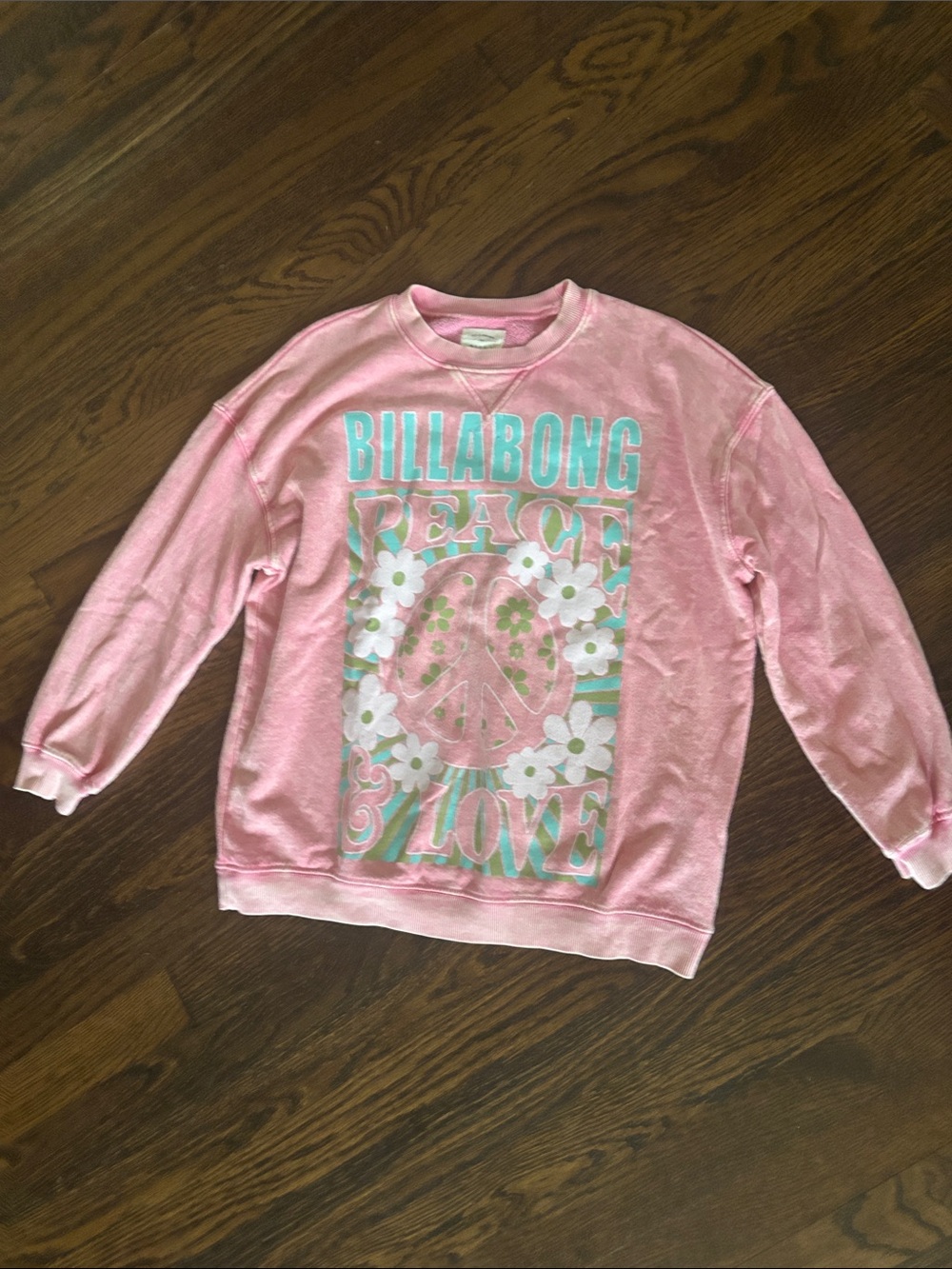 Billabong Pink Crewneck Sweatshirt with Aqua & White Peace Graphic